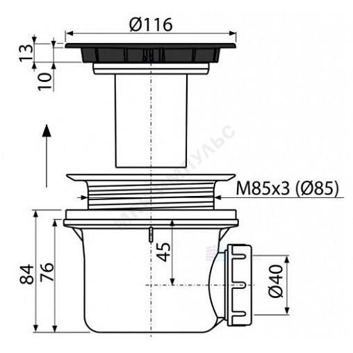 Сифон для поддона 1 1/2"x90/40 h=84мм слив крышка D=115мм, черная матовая Alca Plast A49BLACK — изображение 2