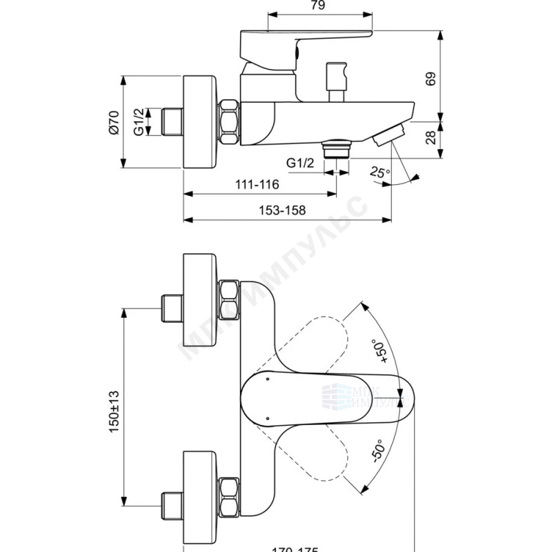 Смеситель для ванны с душем одноручный черный/хром TYRIA Ideal Standard BC157HS — изображение 2