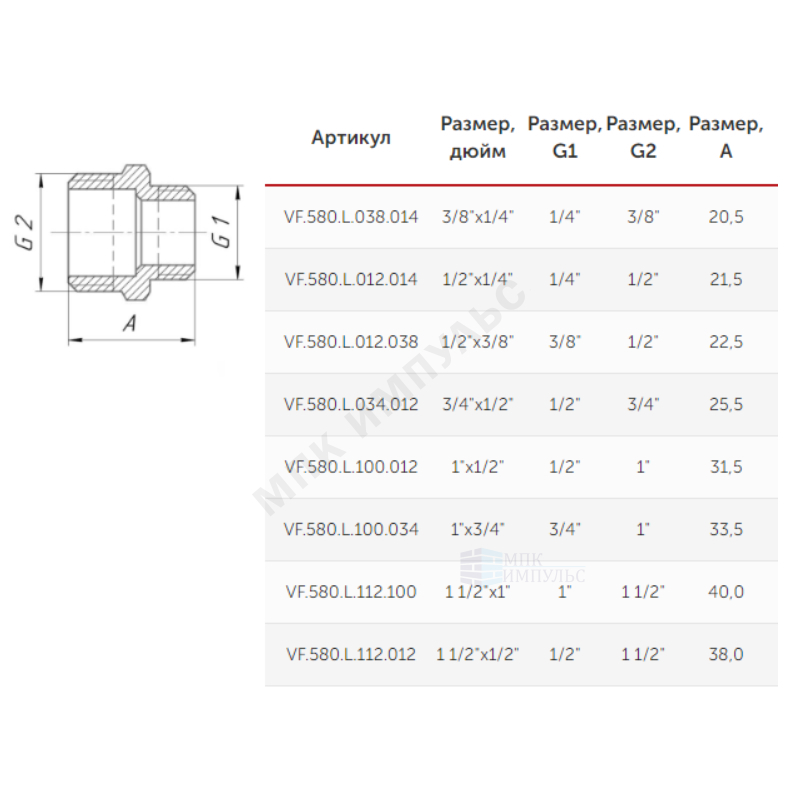 Ниппель латунь переходной Ду 40х15 (1 1/2"х1/2") НР VALFEX VF.580.L.112.012 — изображение 2