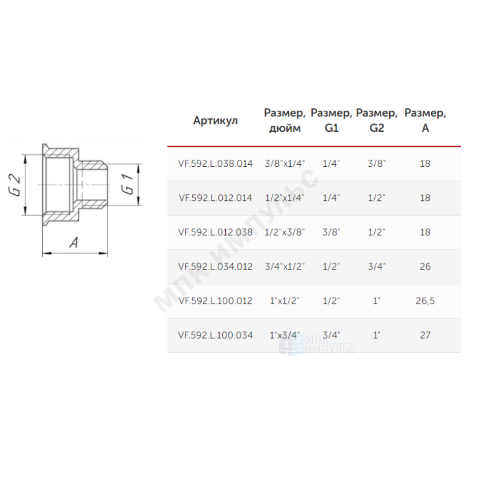 Переход латунь Ду 25х20 (1"х3/4") ВР/НР VALFEX VF.592.L.100.034 — изображение 3