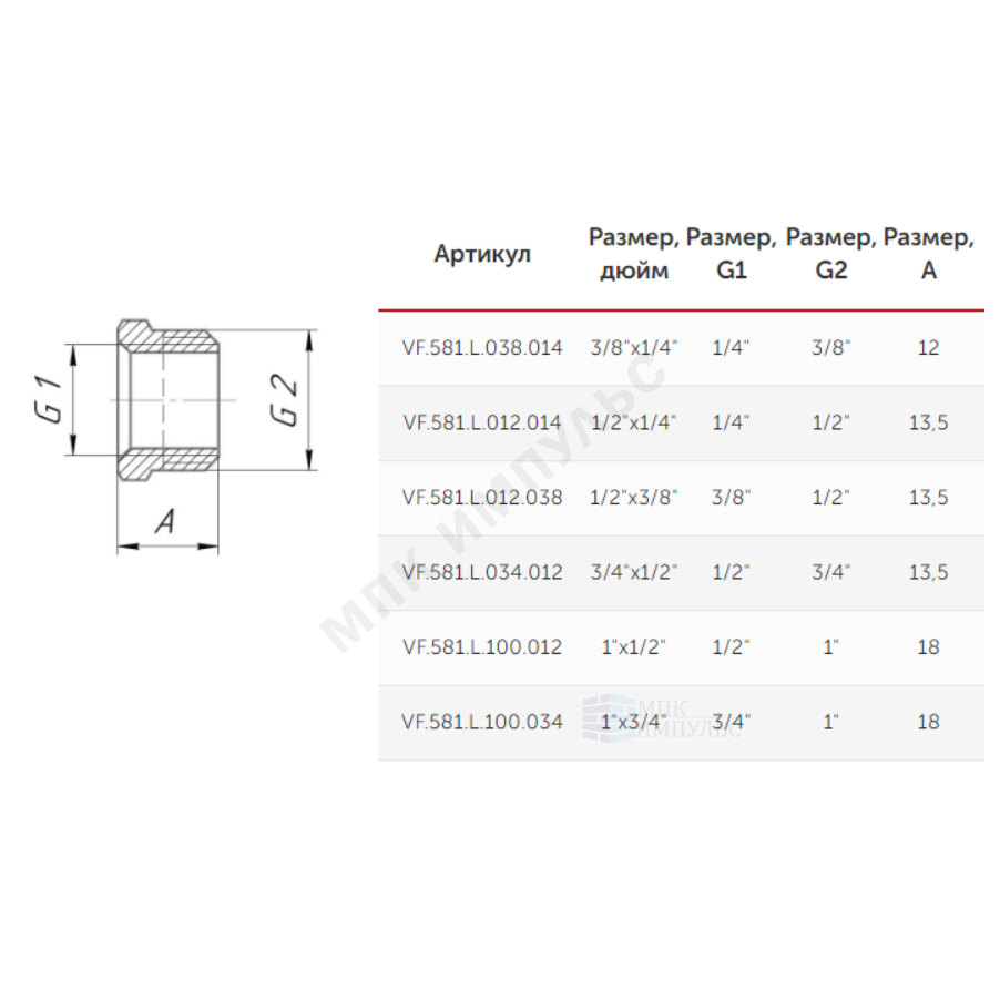 Футорка латунь Ду 20х15 (3/4"х1/2") НР/ВР VALFEX VF.581.L.034.012 — изображение 2
