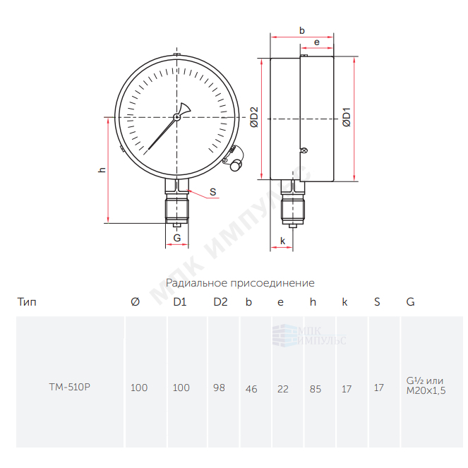 Манометр ТМ-510Р.00 радиальный Дк100мм 0-2,5 МПа кл.1,5 М20х1,5 Росма 00000006852 — изображение 3