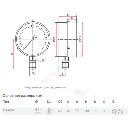 Манометр ТМ-610Р.00 радиальный Дк150мм 0-0,6 МПа кл.1,5 G1/2" Росма 00000006966 — изображение 2