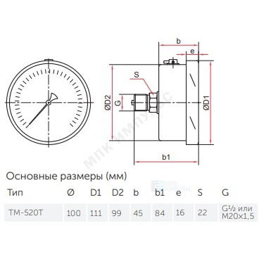 Манометр гидрозаполненный ТМ-520Т.20 осевой Дк100мм 0-0,6 МПа кл.1,0 G1/2" силикон Росма 00000031033 — изображение 3
