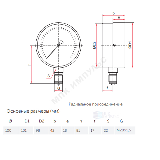 Вакуумметр ТВ-510Р.00 радиальный Дк100мм -0,1-0 МПа кл.1,5 М20х1,5 Росма 00000010219 — изображение 2