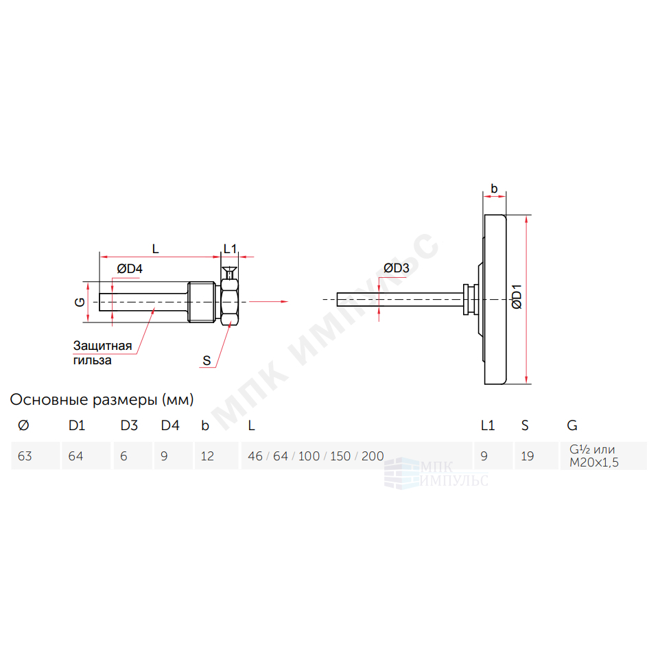 Термометр биметаллический осевой Дк63 120С L=150мм G1/2" БТ-31.211 Росма 00000005650 — изображение 2
