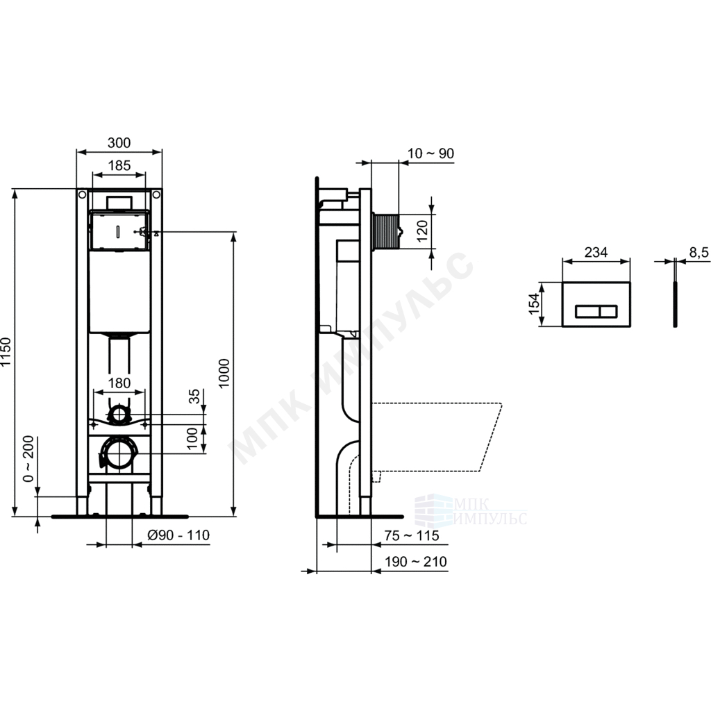 Инсталляция для подвесного унитаза с кнопкой смыва хром глянцевая PROSYS ECO FRAME M OLEAS M2 Ideal Standard E2332AA — изображение 2