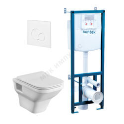 Комплект 4 в 1 инсталляция + кнопка смыва белая + унитаз подвесной сиденье дюропласт микролифт Лайн Rimless Santek 1.WH50.1.750