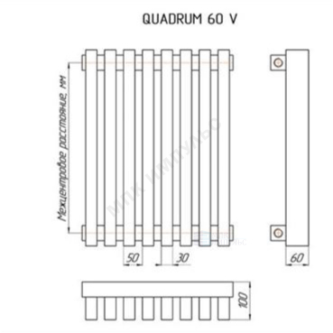 Радиатор трубчатый QUADRUM 60 V 1-1750 10 секций с боковой подводкой ВР G 1/2" RAL1Т104S9016 белый муар КЗТО — изображение 2