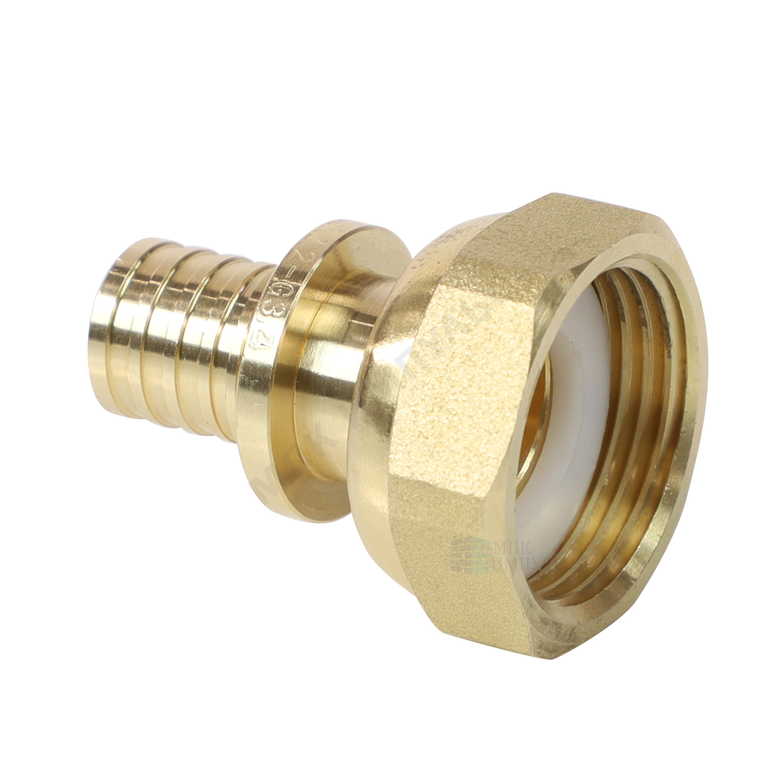 Соединитель для PE-X труб аксиальный латунь Дн 20х3/4" под плоское уплотнение с накидной гайкой РОС — изображение 3