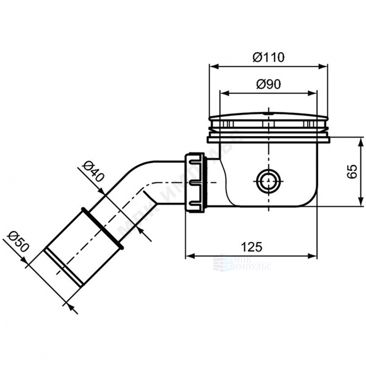 Сифон для поддона 1 1/2"x90/40 с переходной трубкой 45гр 40/50 слив крышка D=110мм Ideal Standard J3417AA — изображение 2