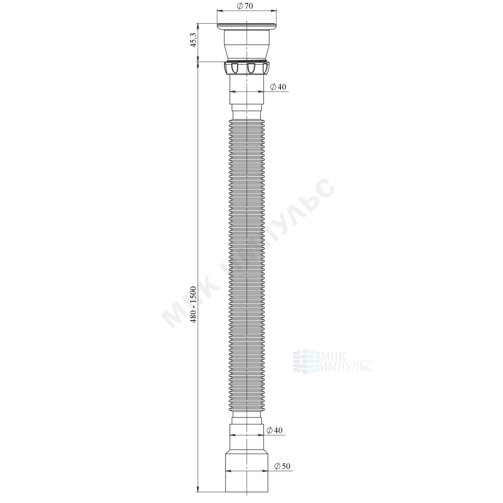 Сифон для умывальника гофрированный 1 1/2"x40/50 L=480-1500мм выпуск с нержавеющей решёткой Unicorn D240 — изображение 2