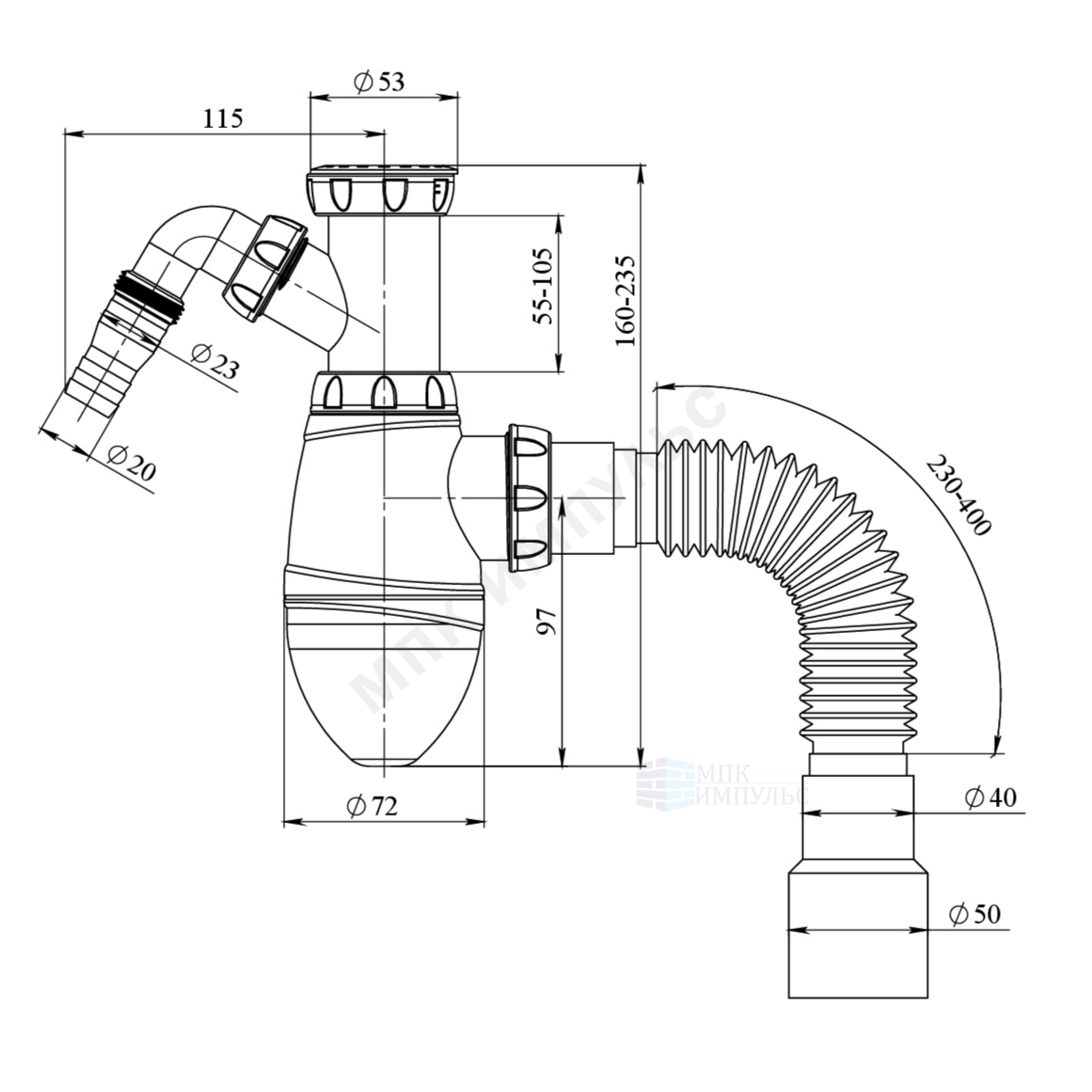 Сифон для умывальника бутылочный 1 1/2"x40 с гофрой 40х40/50 с отводом (штуцером) Unicorn A520V — изображение 2