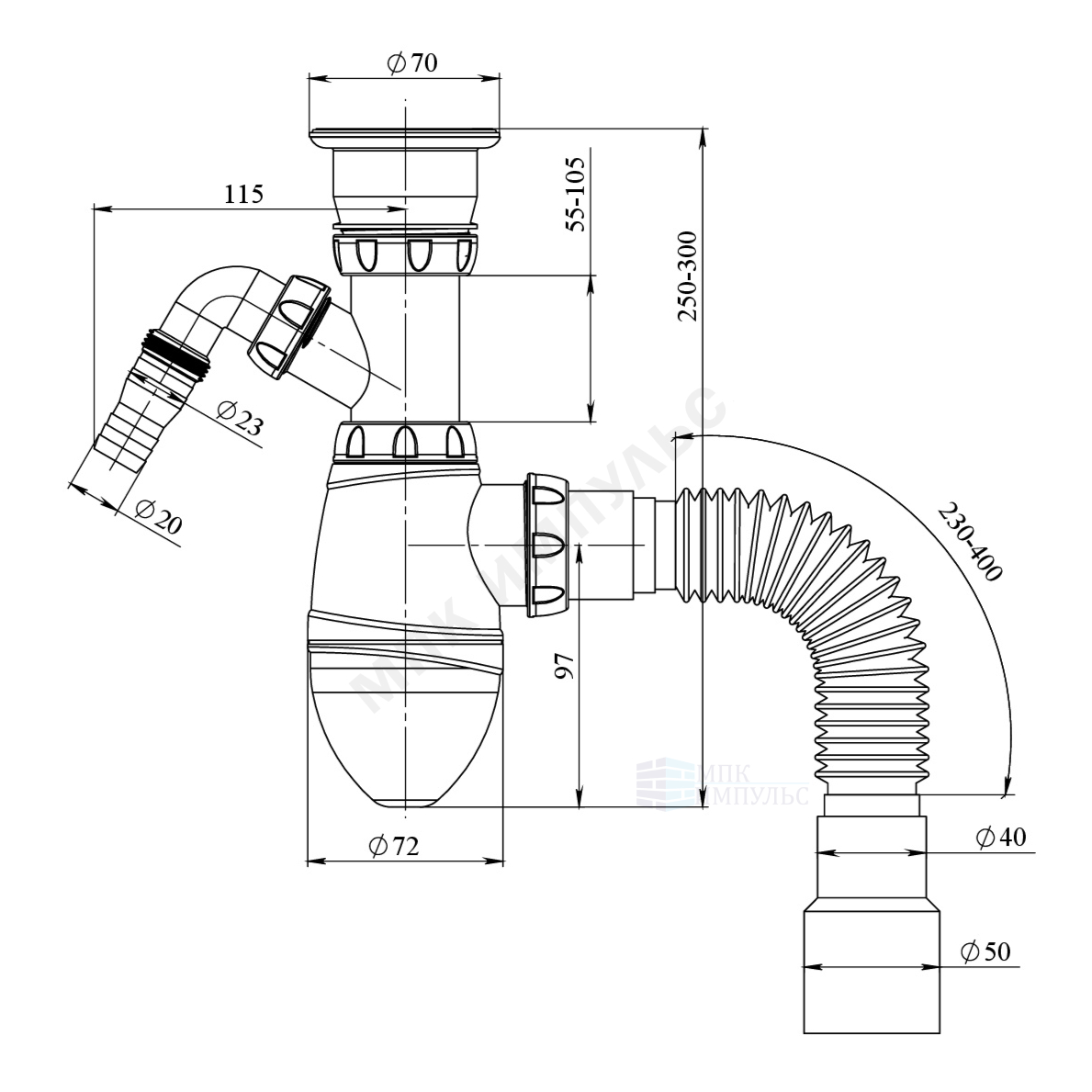 Сифон для умывальника бутылочный 1 1/2"x40 с гофрой 40х40/50 с отводом (штуцером) выпуск с пластиковой решёткой Unicorn A320VP — изображение 2