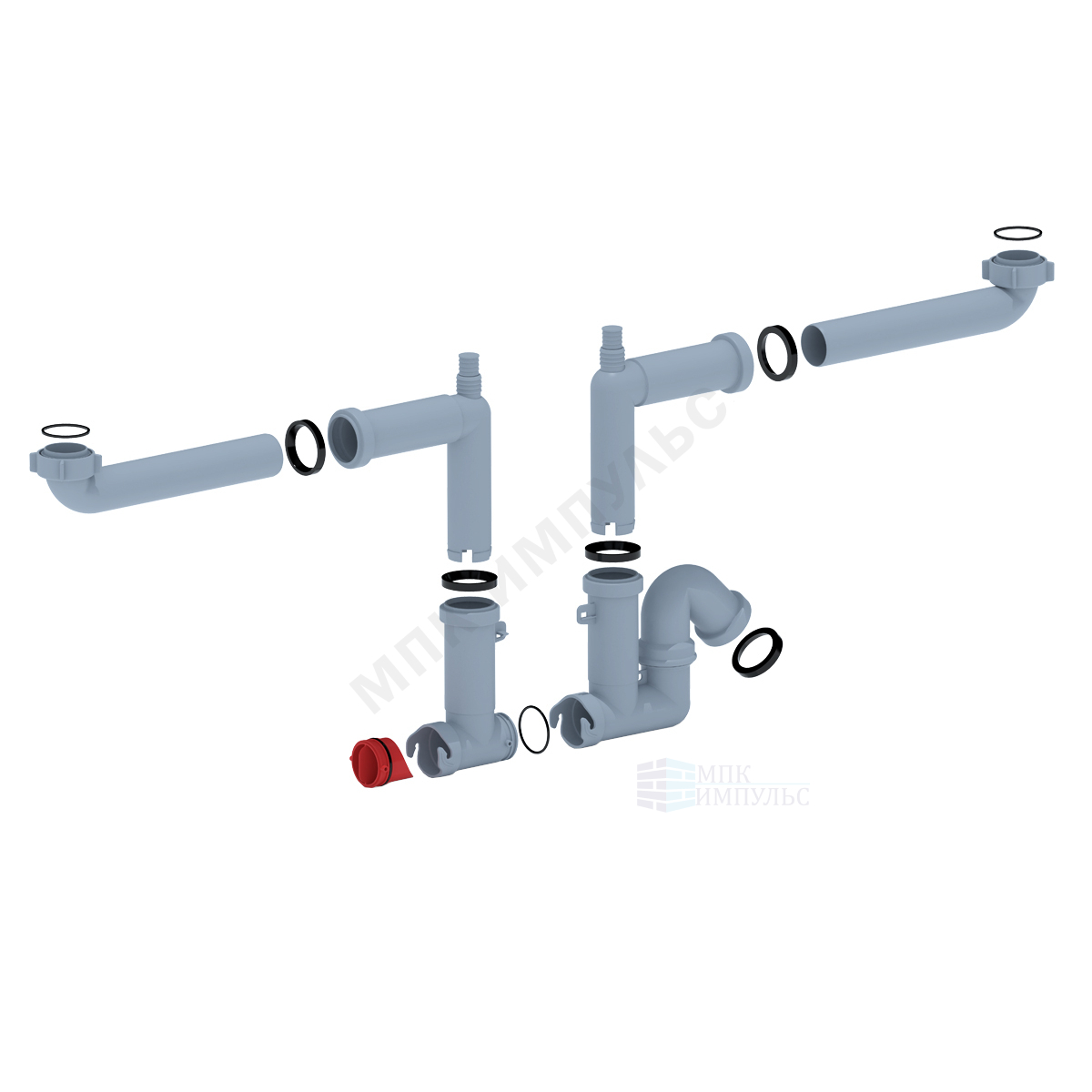 Сифон для кухонной мойки с двумя чашами трубный 1 1/2"x40 с 2-мя отводами (штуцерами) без выпуска АНИ Пласт F3520 — изображение 2