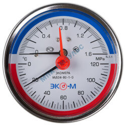 Термоманометр МД04 осевой Дк80 0-1,6 МПа L=40мм G1/4" 120С с переходником на G1/2" ЭКОМЕРА МД04-80-G-1,6МПа-120-L-40-ОИ