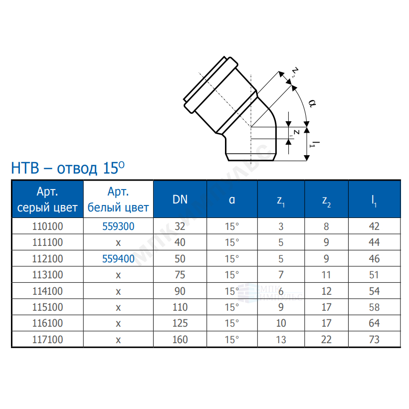 Отвод PP-H серый HT HTB Дн 50х15гр б/нап в/к Ostendorf 112100 — изображение 3