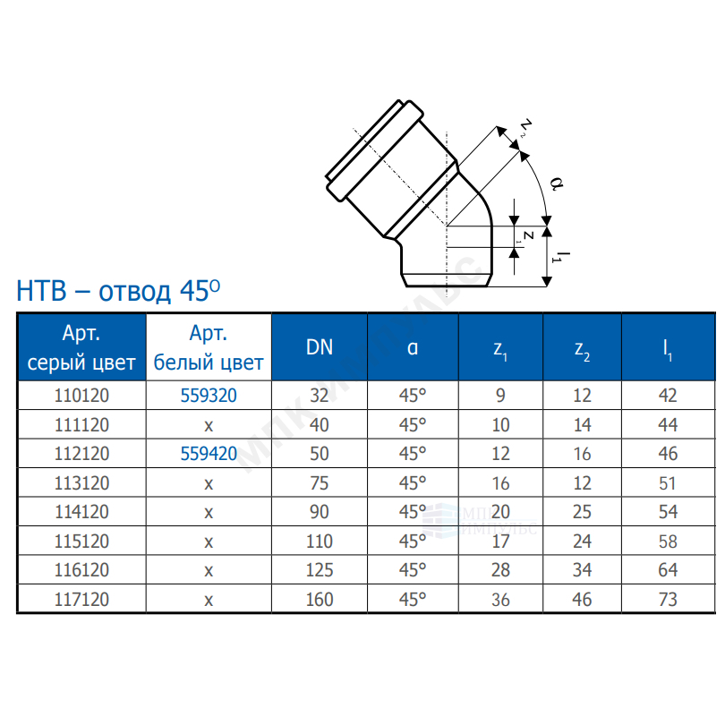 Отвод PP-H серый HT HTB Дн 160х45гр б/нап в/к Ostendorf 117120 — изображение 2