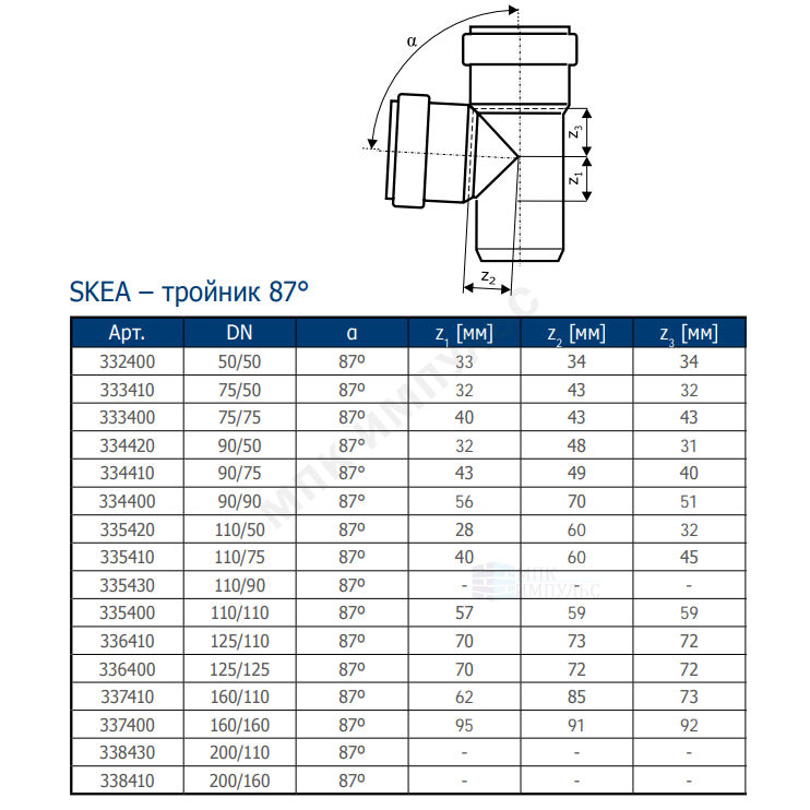 Тройник PP-MD переходной бесшумный светло-серый Skolan Safe SKEA Дн 110х58х87гр (DN110х50) б/нап в/к Ostendorf 335420 — изображение 2