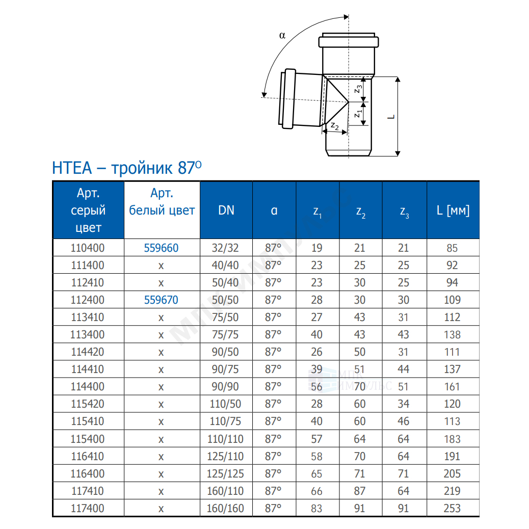 Тройник PP-H серая HT HTEA Дн 75х75х87гр б/нап в/к Ostendorf 113400 — изображение 2