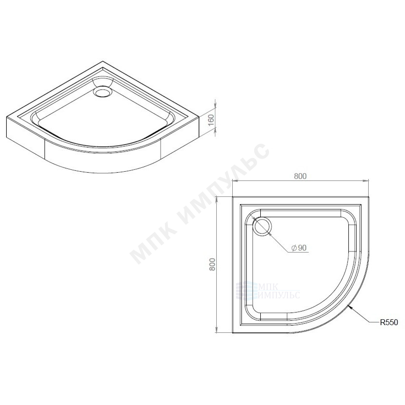 Поддон душевой акриловый четверть круга Gem 800х800х160 белый AM.PM W90T-401-080W — изображение 2
