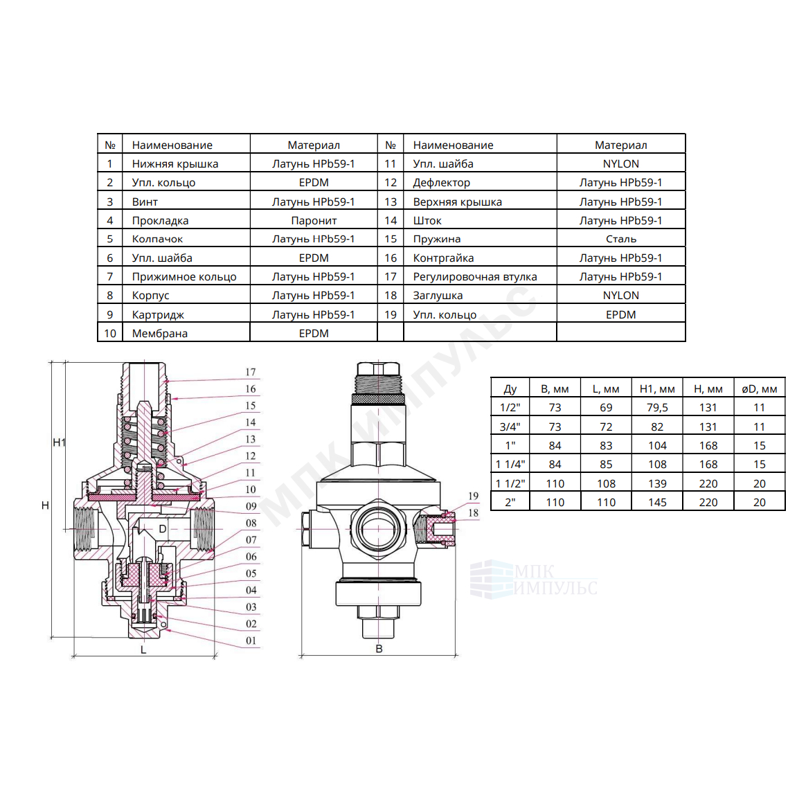 Регулятор давления мембранный латунь R310 Ду 50 Ру25 2" ВР Рн=1 - 7бар с выходом под манометр SantechSystems — изображение 2