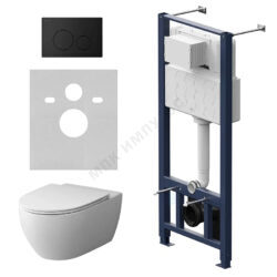 Комплект 4 в 1 инсталляция + кнопка смыва черная матовая + унитаз подвесной сиденье дюропласт микролифт белый Awe AM.PM IS49038.111700