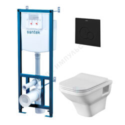 Комплект 4 в 1 инсталляция + кнопка смыва черная матовая + унитаз подвесной сиденье дюропласт микролифт Лайн Rimless Santek 1.WH50.1.778