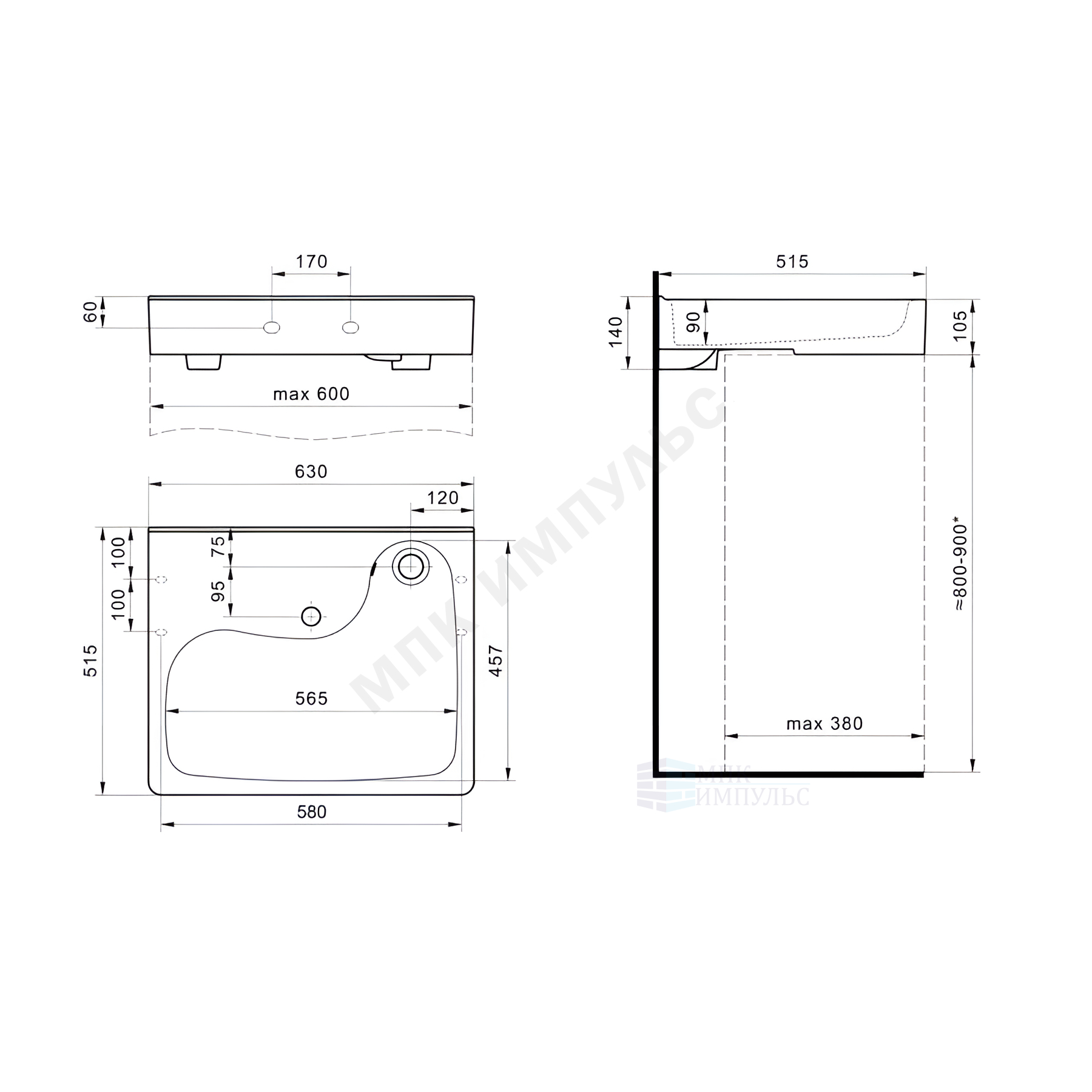 Умывальник подвесной над стиральной машиной Клио 50 1 отверстие под смеситель по центру с кронштейнами, без сифона белый Santek 1.WH50.1.770 — изображение 7