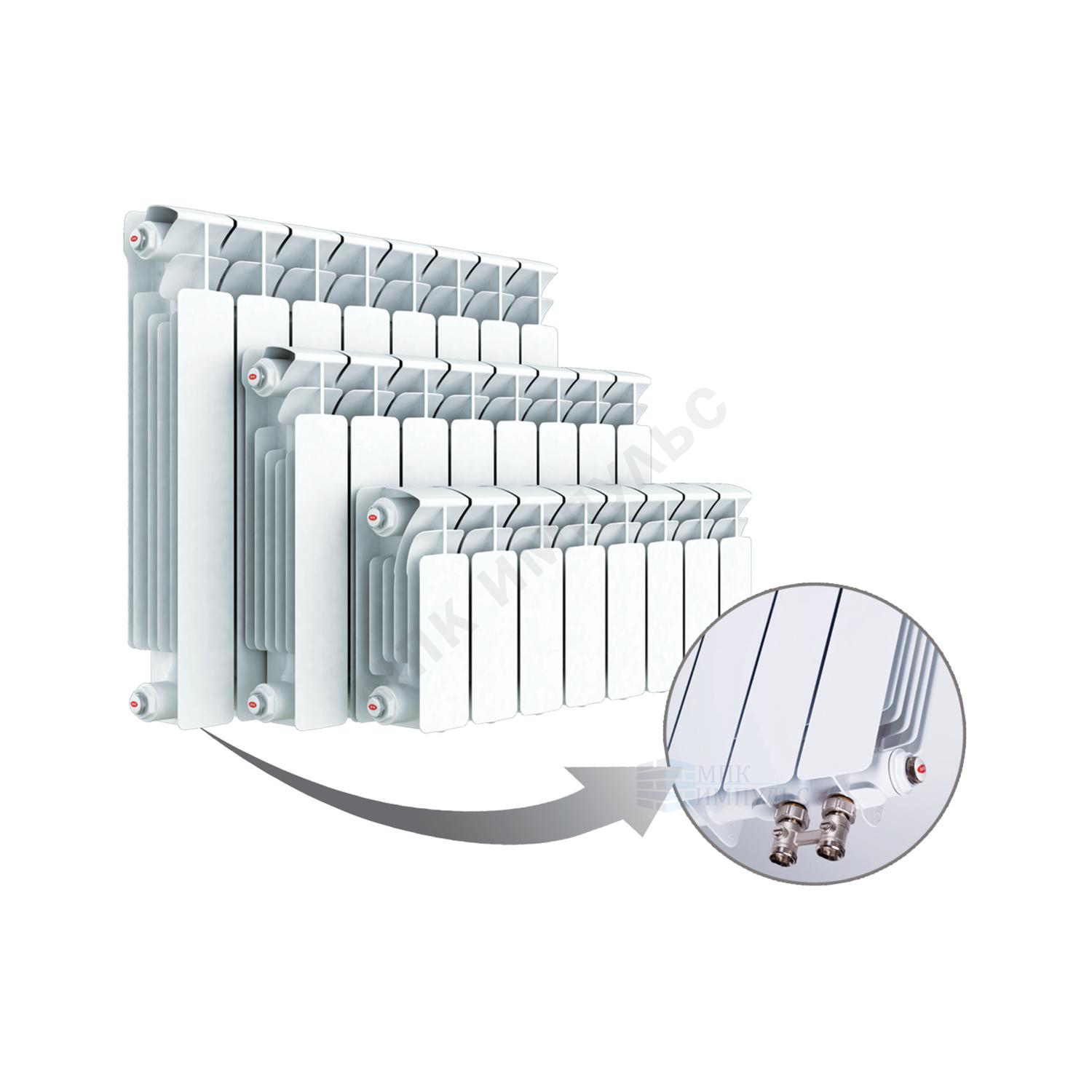 Радиатор биметаллический Base Ventil 500 5 секций Qну=985 Вт с т/клапаном М30х1,5 ниж/п прав RAL 9016 (белый) RIFAR R-BA-500-05-VR